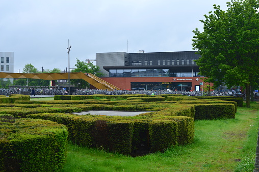 Berchem, province Antwerp, Belgium - May 12, 2023: Antwerp Berchem exterior facade entrance railway station