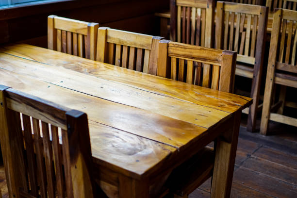 A side view shows a dining table with chairs made of solid wood in a retro style.