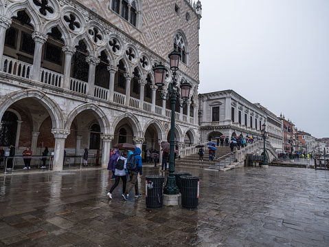 Venice, Italy - April 25, 2023: High resolution. Doge's Palace in Venice on a rainy day i April