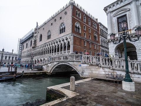 Venice, Italy - April 25, 2023: High resolution. Doge's Palace in Venice on a rainy day i April