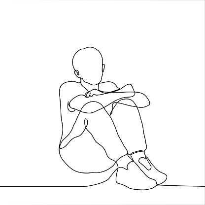 man sits on the floor hugging his knees - one line drawing. Self-comfort concept, informal sitting on the floor, loneliness