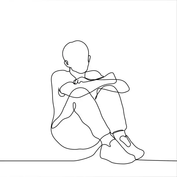 Vector illustration of man sits on the floor hugging his knees - one line drawing. Self-comfort concept, informal sitting on the floor, loneliness