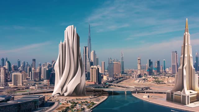 AERIAL. Dubai city in future. Real Estate Project Construction Site Industrial Building Development by Using 3D VFX Graphics. Futuristic Concept of Buildings Development