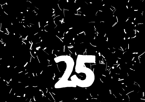 A cascade of white confetti with a highlighted number twenty five visible against a black background