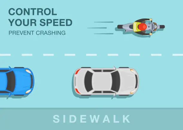 Vector illustration of Safety motorcycle driving rules and tips. Control your speed, prevent crashing. Top view of a bike rider on road.