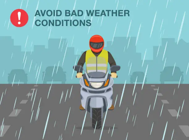 Vector illustration of Safe motorcycle riding rules and tips. Avoid bad weather conditions. Motorcycle riding on a rainy and slippery road.