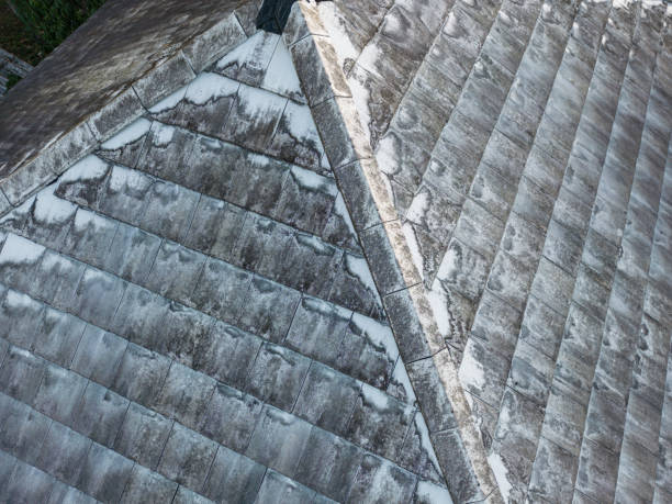 istock Old leak home roof top aerial view 1489633003