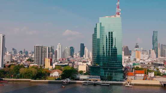 Bangkok Thailand - Chaophraya River - Apartments and Skyscrapers - Wide Angle