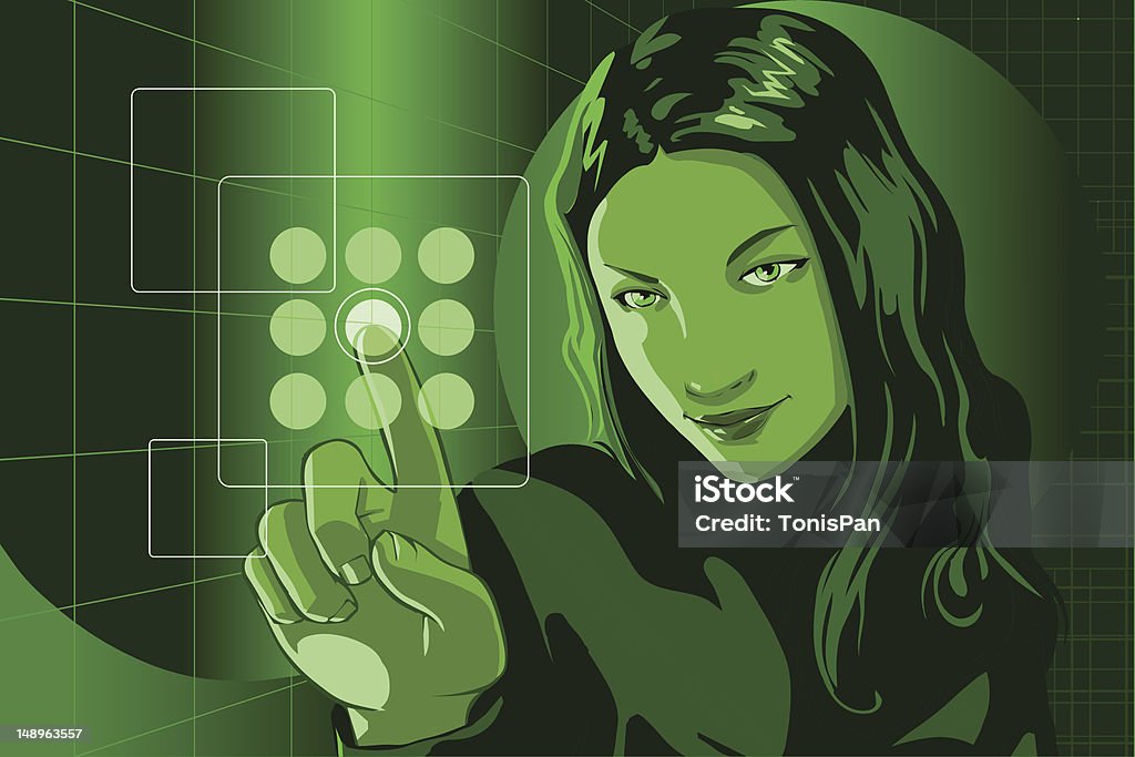 Hacker Girl Green vector clip art of a cute girl in formal clothes and smiling facial expression, pushing virtual touch screen access button in a virtual room. Spy stock vector