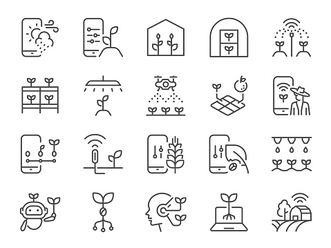 Agritech icon set. It included the agriculture technology, smart farming, farmer, farm, and more icons.
