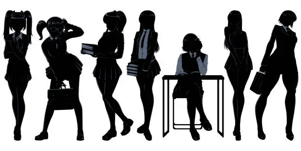 Vector illustration of Anime Schoolgirl Silhouettes