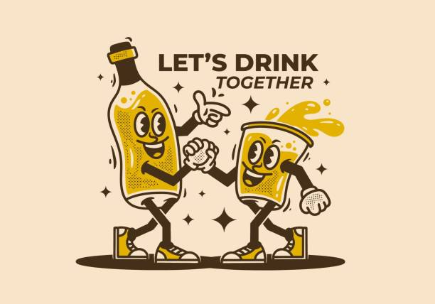 Bottle and glass of beer mascot character Bottle and glass of beer mascot character design background of a cheers beer mugs stock illustrations