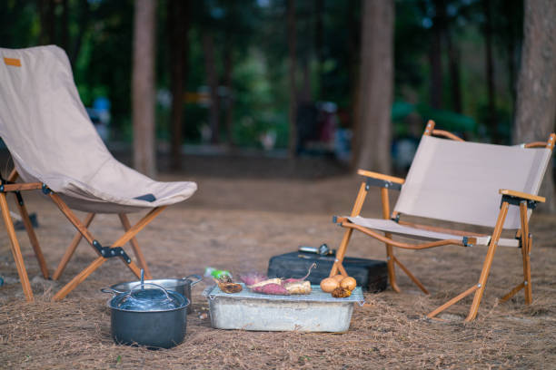 istock Camping family tent on pine tree forest beach front 1489641650