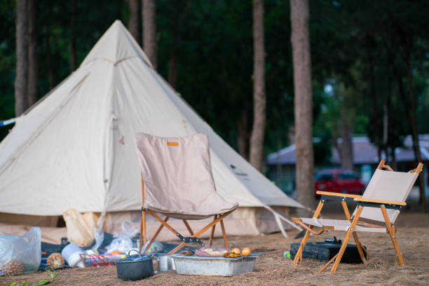 istock Camping family tent on pine tree forest beach front 1489641763