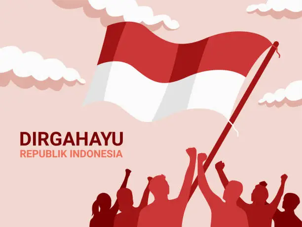 Vector illustration of Poster Illustration of Indonesian Flag with Crowd of People - Indonesia Independence Day Background Concept