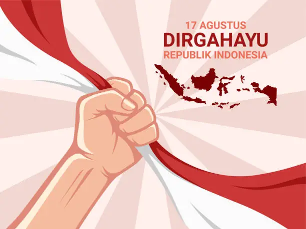 Vector illustration of Poster Illustration of Indonesia Independence Day Background with hand holding a flag