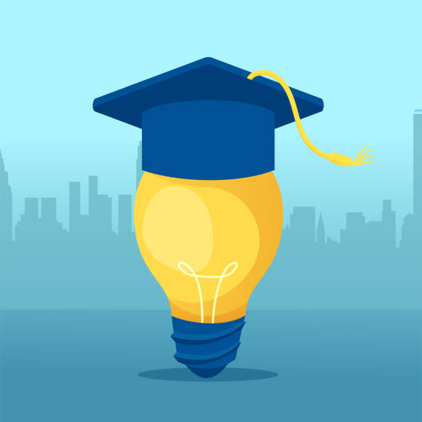 istock Vector of a bright lightbulb with a graduation cap on top on cityscape background 1489650746