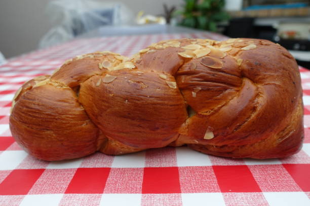 istock Brioche braided with almonds  Traditional brioche 1489651180
