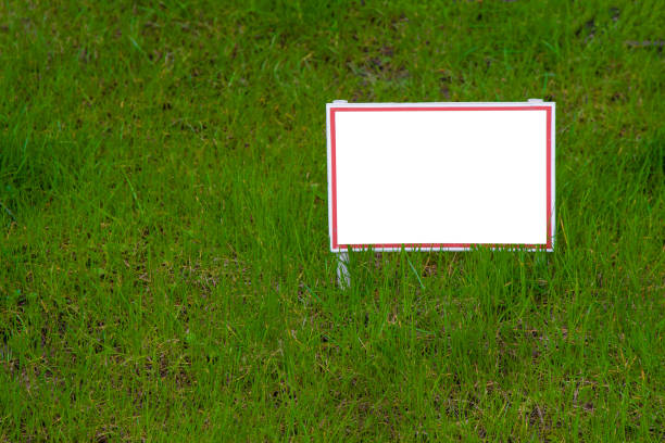 istock Pointer sign on the lawn with green grass. Banner layout with place for the text dog walking is prohibited, do not walk on the lawn, it is dangerous. Information board layout. Mockup. 1489657847