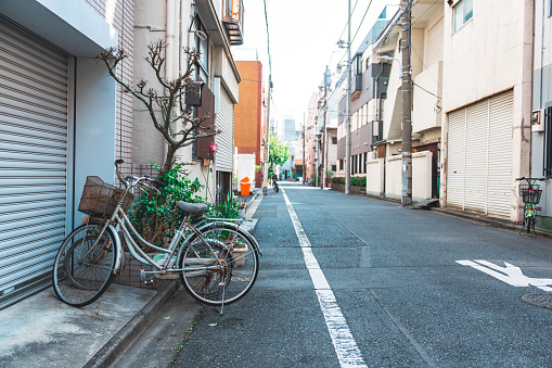 Narrow streets of Tokyo downtown (Asakusa) with small shops and homes