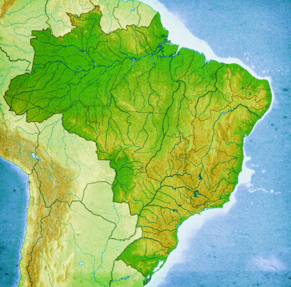 Close-up on a paper map of Brasil with visible paper texture for super realistic effect. Map source nasa.gov with reference map of the boundaries from cia.gov.