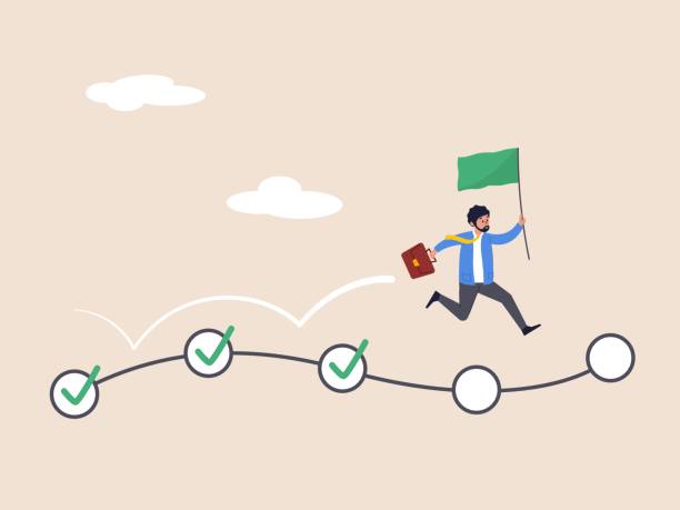 ilustrações de stock, clip art, desenhos animados e ícones de planning or productivity concept. project management, task tracking or work progress, tracking finish or completed tasks. businessman project manager running on completed checkbox to reach goal. - chegada