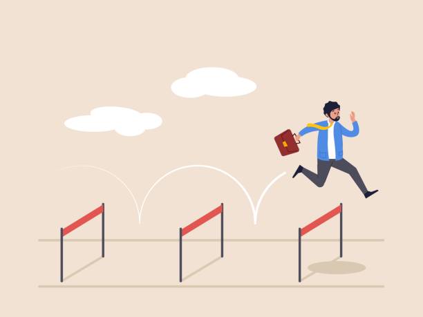 Skill or aspiration to solve problem concept. Business challenge, overcome difficulty or obstacle to achieve business success, effort. Ambitious businessman jump over hurdles. Skill or aspiration to solve problem concept. Business challenge, overcome difficulty or obstacle to achieve business success, effort. Ambitious businessman jump over hurdles hurdle stock illustrations