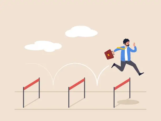 Vector illustration of Skill or aspiration to solve problem concept. Business challenge, overcome difficulty or obstacle to achieve business success, effort. Ambitious businessman jump over hurdles.