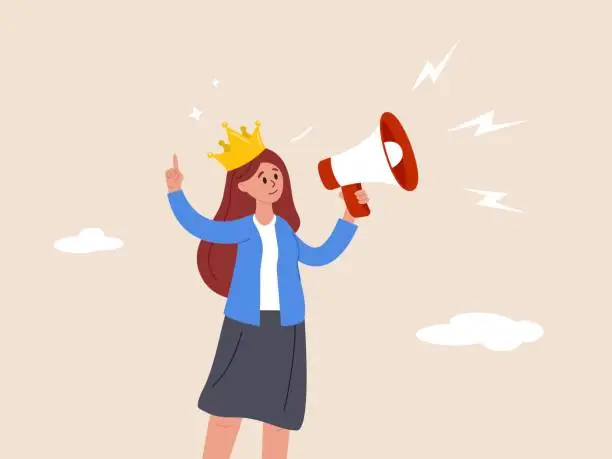 Vector illustration of Bossy management concept. Big boss or company president. Leadership or manager, CEO or chief executive officer, employer. Businesswoman boss shouting on megaphone while pointing direction. Flat vector