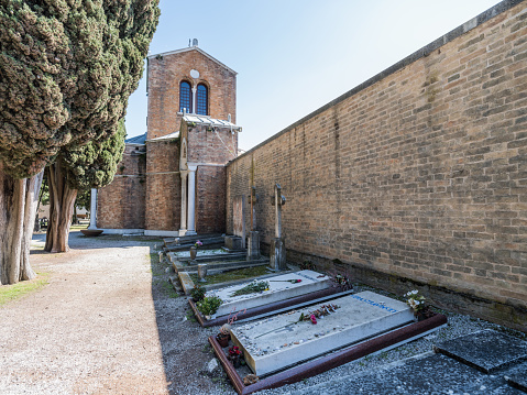 Venice, Italy - April 27, 2023: High resolution. Tombstone of the Russian composer, Igor Stravinsky (1872-1971) in the cemetery San Michele on the small island of the same name.