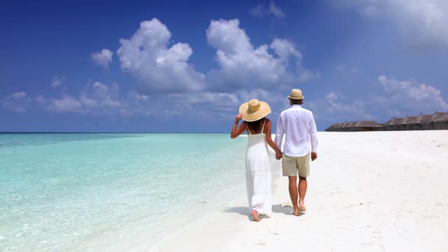 A elegant couple on holidays walks down a tropical paradise beach
