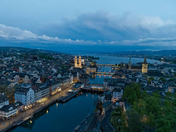 istock Scenic view over Swiss town with evening sky background. 1489664531