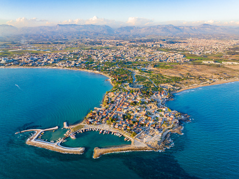 Stunning aerial view of Side Ancient City in Antalya, revealing the intricate design of its ruins and the breathtaking beauty of the surrounding natural environment.