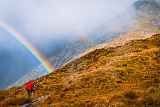 istock A hiker traversing Mackinnon Pass while a vibrant rainbow graces the backdrop. 1489666831