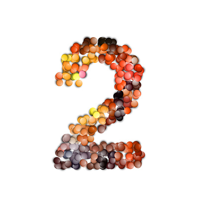 set of numbers made of multicolored granules, 3d rendering, two