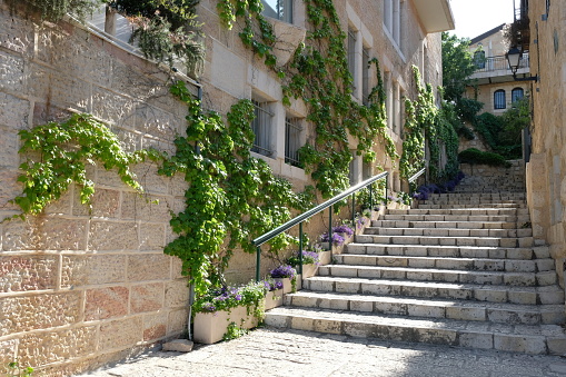 Old curved staircase leading to formal garden, Saint-Jean-Cap-Ferrat, Côte d'Azur, France