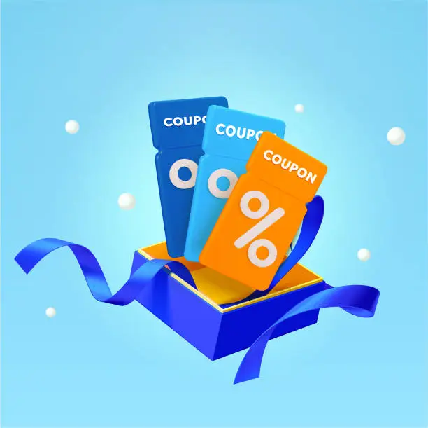 Vector illustration of 3d Vouchers, Coupons jumping out of a gift box with ribbons, isolated on background. Design concept for business, online commerce, finance. 3d Vector illustration