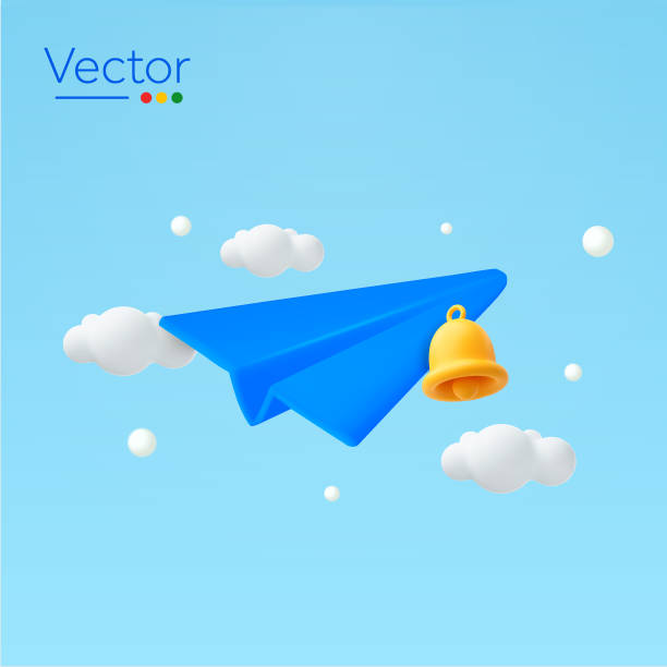 istock 3d paper plane flying on the sky with orange bell, clouds around, isolated on background. Design concept for content marketing, notification, subscribe, newsletter. 3d vector illustration. 1489674852