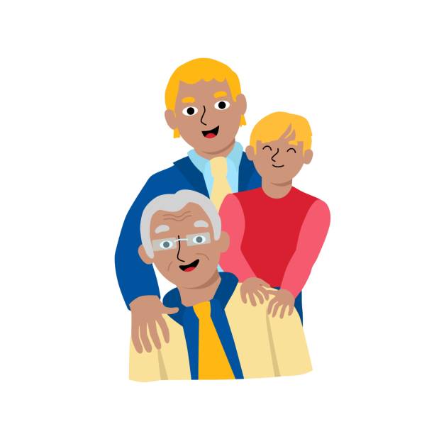 Family male generations Happy father's day. Family's male generation. Son, Dad and grandfather. Diversity of ages. Vector illustration in flat cartoon style. Old and young characters father son grandfather fathers day stock illustrations