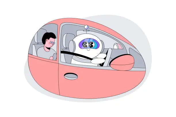 Vector illustration of Autopilot Self Driving AI Transporting Human in Car using Neural Network. Autonomous Robot Artificial Intelligence Driver in the front seat.