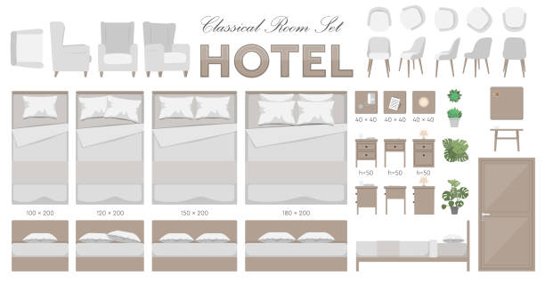 Hotel Room Vector Set Vectoral Editable Hotel Room Furniture Set in Interior Architectural Plan and Elevation Forms for Rendered Drawings couch side view stock illustrations
