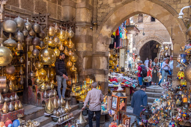 Cairo, Egypt - April 30, 2023: Atmosphere and stalls in the Khan el-Khalili market