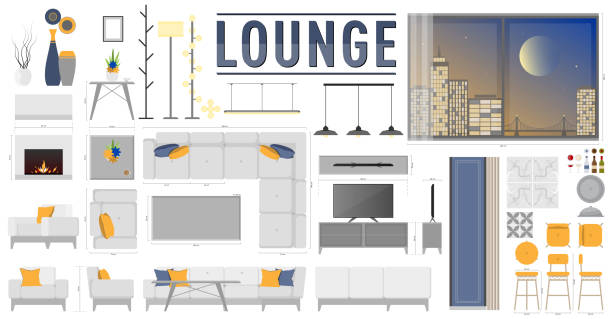 Lounge Vector Set Lounge and Living Room Furniture Set from Plan, Top View, Elevation, Side View for Rendered Interior Design Drawing Projects couch side view stock illustrations
