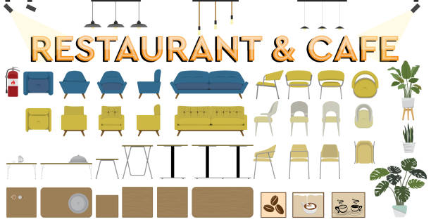 Restaurant and Cafe Vector Set Vectoral Top View and Elevations of Cafe and Restaurant Furniture for Interior Architectural Rendered Drawings restaurant table layout stock illustrations