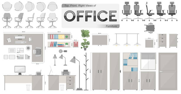 ilustrações, clipart, desenhos animados e ícones de conjunto de vetores do office - digitally generated image high angle view vector autocad