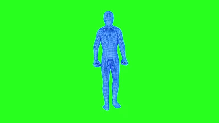 The neon man from the atomic grid slowly walks . 3D animation on a green screen. The concept of artificial intelligence and VR.