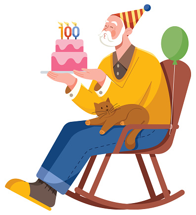 Flat design illustration of old man celebrating his hundredth birthday by blowing the candles on his birthday cake.