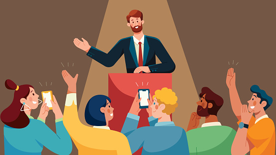 Flat design illustration of man speaking on podium in front of crowd of people.