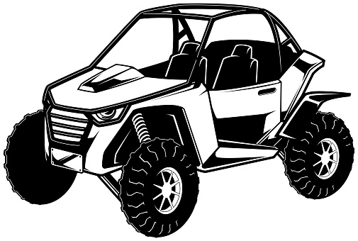 Line art illustration of side-by-side utility vehicle on white background.