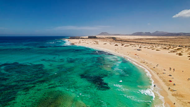Aerial view of Medano beach (Playa del Medano) in Corralejo Park, Fuerteventura island, Spain stock photo